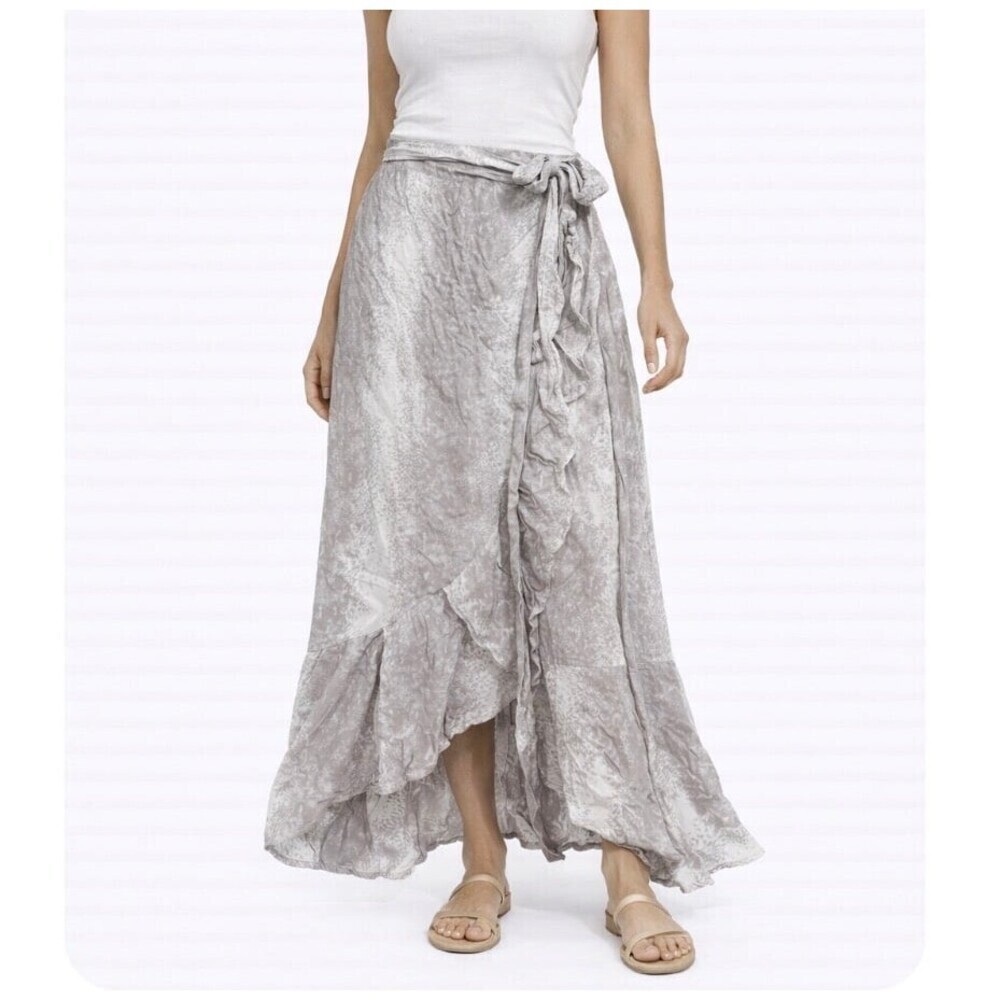 Sim & Sam faux wrap maxi skirt snake print white/tan tie waist SZ 4 ruffle hem